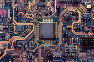 Poster - a computer processor chip revealing intricate circuit patterns and metallic textures