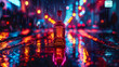 A vibrant neon sign of a vodka bottle glowing against a dark city backdrop, reflecting its luminance off rain-slicked streets below.
