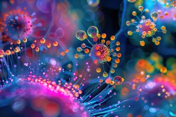 Poster - vibrant virus particles under a microscope blending scientific accuracy with abstract art