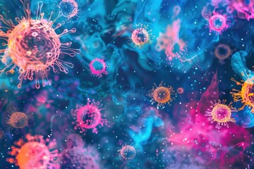Poster - vibrant virus particles under a microscope blending scientific accuracy with abstract art