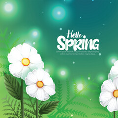 Hello Spring vector banner,poster design with colorful flower elements and green floral background for spring season.
