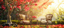 Two Vintage Chairs Under Tree Red Flower. Summer Cozy Romantic Concept Background