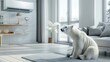 white polar bear sits in the middle of the living room and looks at the air conditioner. A bear cools down under the cold air of an air conditioner while imagining the North Pole