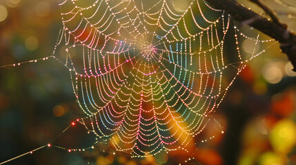A close-up shot of a spider web covered in dew.