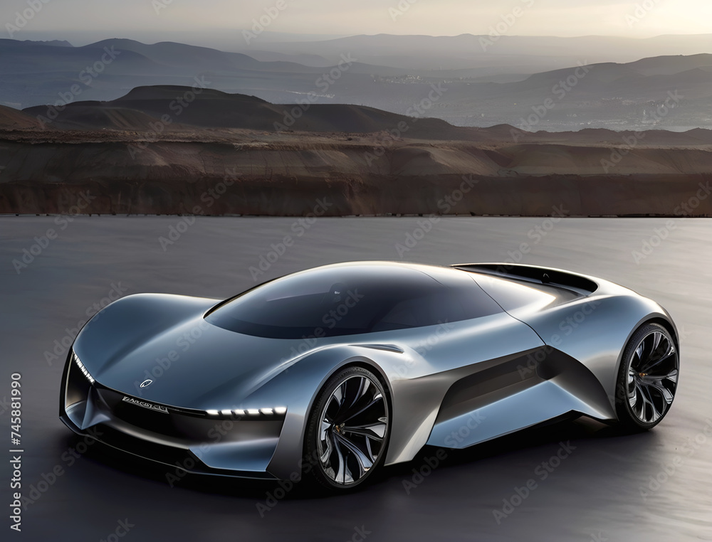 Imagine a high-tech, electric sports car with a bold, angular design ...