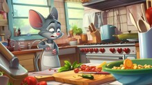 Tom And Jerry In A Classic Cartoon Kitchen, Complete With Exaggerated Appliances, Oversized Food Items, And The Duo Engaging In Their Iconic Chase Around The Cooking Chaos.