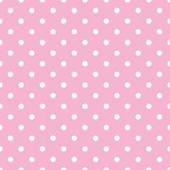 Vector seamless pattern with small white polka dots on a pastel pink background. For cards, albums, backgrounds, arts, crafts, fabrics, decorating or scrapbooks.