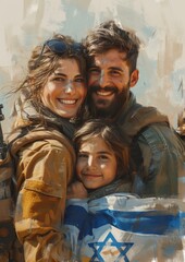 Sticker - Israeli smiling soldier hugs his wife and child against the background of the Israeli flag 