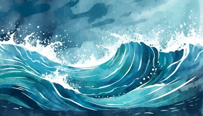 Wall Mural - Mer bleue avec vagues. Image vectorielle arrière-plan à l'aquarelle pour la conception