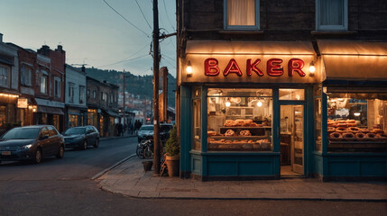 bakery shop with donuts, view from outside and perspective of street at evening