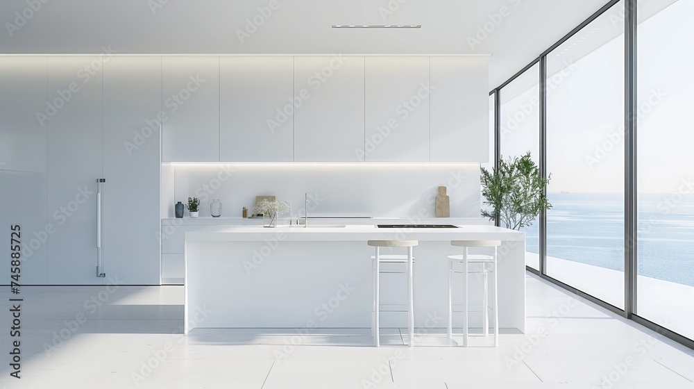 Minimalist white kitchen, where sleek surfaces and pristine white tones ...