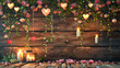 Candles and flowers with hanging hearts on wooden.