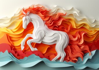 paper cut of a white horse flying in the sky with vivid colors