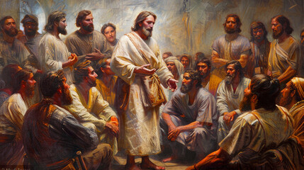 Wall Mural - Jesus stands amidst a group of attentive listeners, his presence radiating peace and wisdom, as he imparts teachings that awaken the hearts and minds of his followers to the eterna