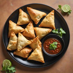 Wall Mural - Indian samosas png on a black plate, delicious vegetarian samosa with dipping sauce isolated on transparent background, traditional food