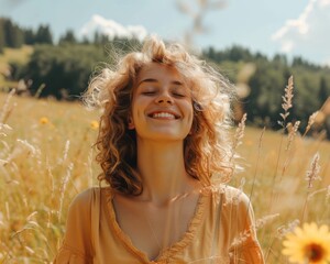 Wall Mural - Beauty of Nature. A Young Woman's Journey Through Flower-Filled Fields. In the Radiant Glow of Summer, She Wanders Amidst the Blossoms