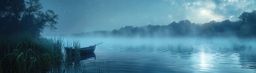 Wall Mural - boat moored along the riverbank: experience the tranquil serenity of nature as the sun sets and the 