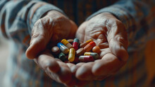 In a close-up shot, a man gently cradles a handful of colorful pills and capsules in his hands, each one representing a step towards managing his health and vitality.