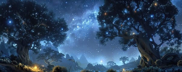 Wall Mural - embrace of night, the forest becomes a gateway to the cosmos, where the wonders of the universe unfo