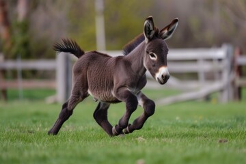 Wall Mural -  young donkey playfully running in a green open space 