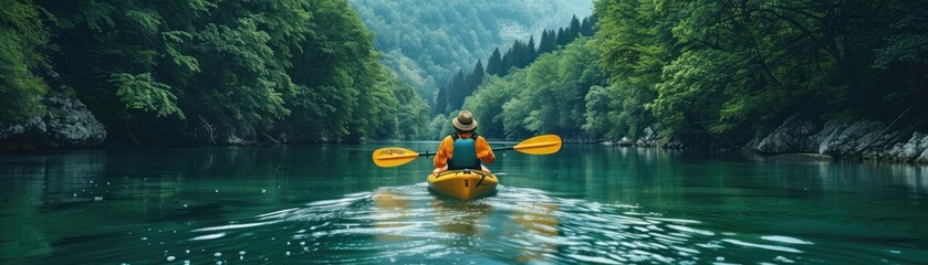 Wall Mural - sun sets over the tranquil lake, a group of adventurous travelers embarks on a kayaking expedition, gliding gracefully through the calm waters