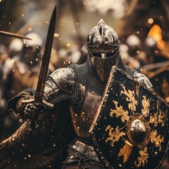 knight clad in gleaming steel armor stands ready for battle, his helmet adorned with the proud crest of his house. With a formidable sword in hand and a sturdy shield