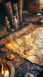 © Thares2020 - Charting the Course. Navigating an Antique Map on the Wooden Table, Tracing the Journeys of Exploration and Discovery. Embracing the Spirit of Adventure