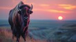 american bison standing ontop a hill as the sun is going down.