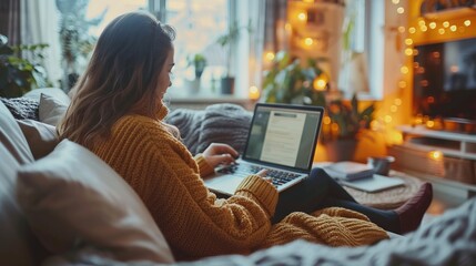 Wall Mural - a person scanning through a website using a laptop while sitting comfortably on the sofa 