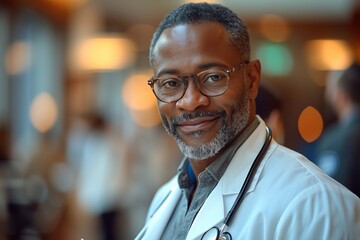 Wall Mural - black middle aged male doctor, standing in a bustling hospital environment during a medical conference. 