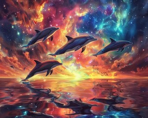 Wall Mural - Dolphins Dancing in the Celestial Seas. Amidst a Canvas of Blue Waters and Starlit Skies, Playful Mammals Leap and Dive. Graceful Movements Illuminate the Night