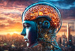 Humanoid robotic woman head with artificial intelligence on big city background. Electronic brain close-up, side view. Concept of artificial intelligence control humanity.