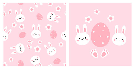 Poster - Seamless pattern with bunny rabbit cartoon, Easter eggs, foot print and daisy flower on pink background.