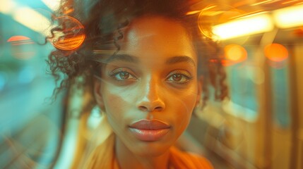 Wall Mural - black woman through the window of a moving subway, motion blur