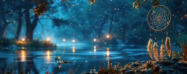 Wall Mural - dreamcatcher swaying in a starlit forest. immerse yourself in the enchanting glow of the night as th