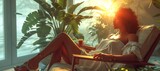 Fototapeta Natura - Evocative image of a woman soaking up the sun in a tropical surrounding, suggesting relaxation and vacation vibes