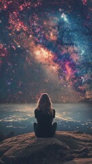 Wall Mural - woman contemplates the night sky. amidst the tapestry of stars and galactic wonders, she finds herse