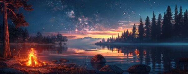 Wall Mural - riverside cosmos. a celestial symphony under the night sky. amidst the tranquil waters of the river,