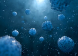 Fototapeta Krajobraz - Close up of virus or bacteria cells in dark blue background. 3D rendering for microbiology background.