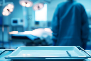 Wall Mural - blurred figure of a patient on the operating table, foreground of surgical tray