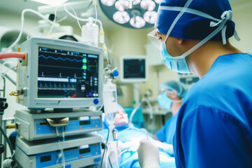 Wall Mural - anesthesiologist by the anesthesia machine, background surgery in progress