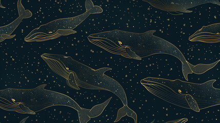 Wall Mural - Ethereal Cosmic Whales Swimming Among Stardust in a Starry Sky