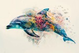 A graceful dolphin merged with the vibrant colors of a coral reef in a double exposure