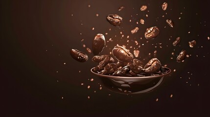 Wall Mural - Coffee beans in flight on dark background. Flying coffee grains. Applicable for cafe advertising, package, menu design. digital ai