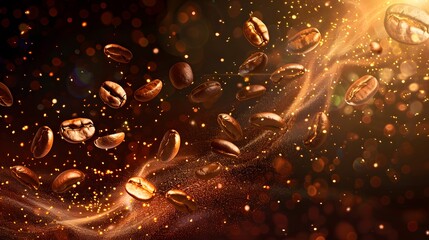 Wall Mural - Coffee beans in flight on dark background. Flying coffee grains. Applicable for cafe advertising, package, menu design. digital ai