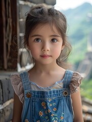 Wall Mural - A Chinese 6 years old little girl, dark brown big eyes, white skin, small nose