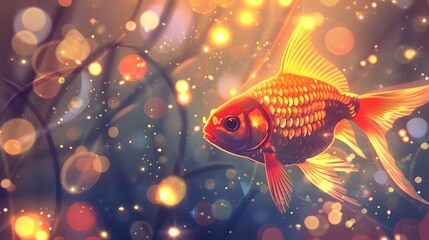 Wall Mural - Close-up of a beautiful glowing goldfish, bokeh background. digital art