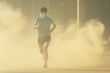 runner with a mask jogging through a mild sand haze