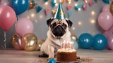 Fototapeta  - birthday cake with candles A pug puppy with a comically oversized party hat sitting in front of a birthday cake 
