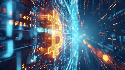 Futuristic Bitcoin Symbol in Digital Cyberspace with Network Data Streams